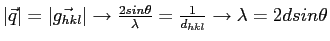$\vert\vec{q}\vert=\vert\vec{g_{hkl}}\vert \rightarrow \frac{2sin\theta}{\lambda}=\frac{1}{d_{hkl}} \rightarrow \lambda=2dsin\theta$